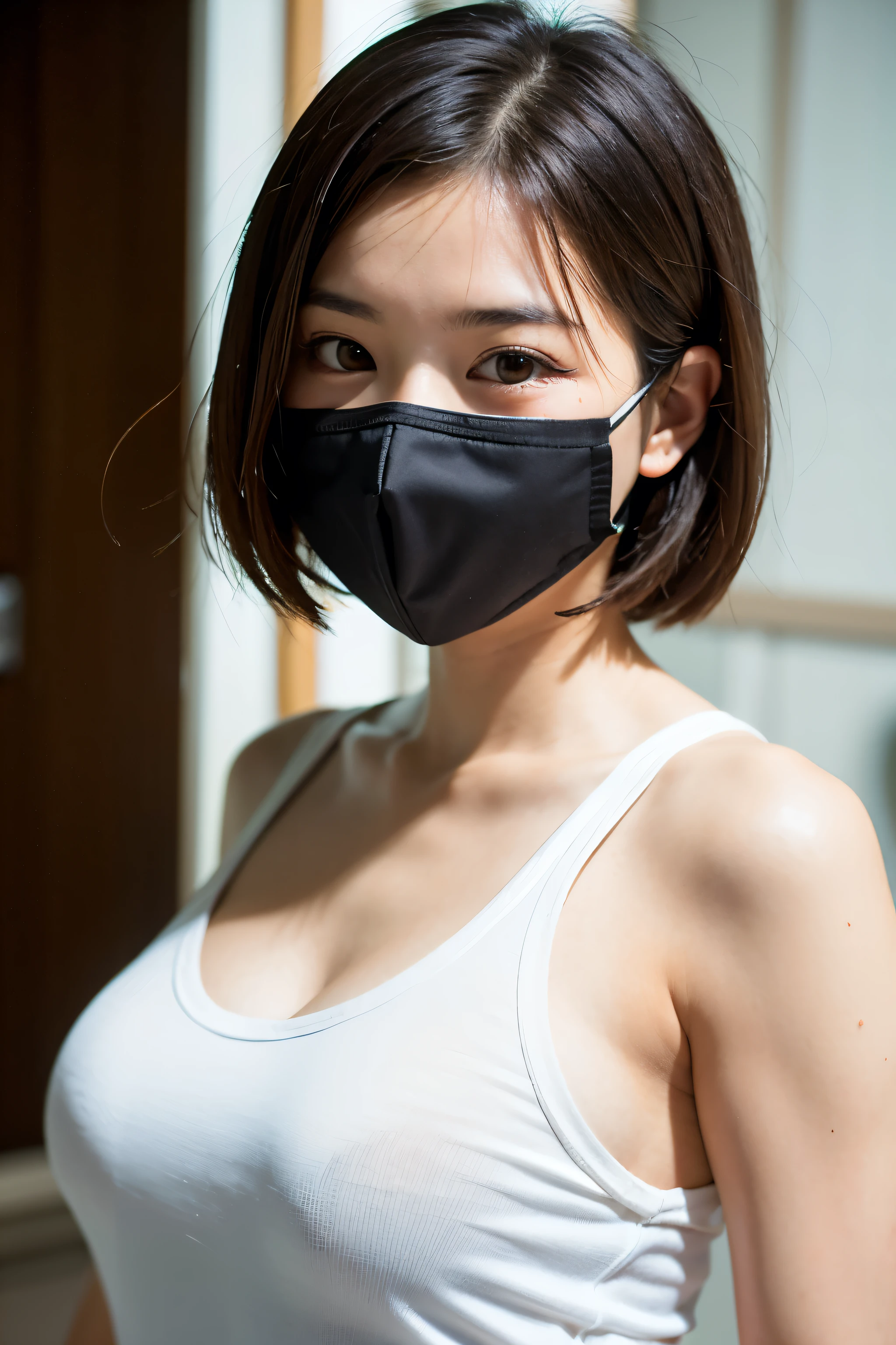 Cute, like a Japanese high school girl, very short hair, sweat, indoors, tank top, sexy, wearing a mask