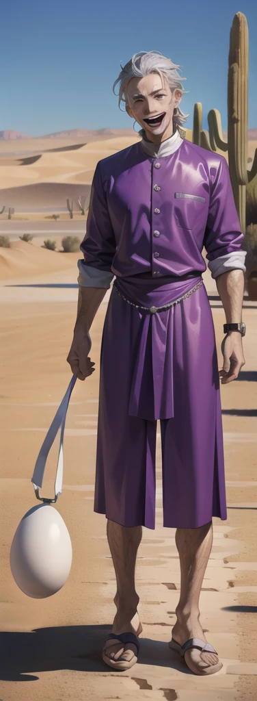Portrait of a man in his 40s、stand、silver hair、clown、purple dress , open mouth smile , Long body、 full body、(desert:1.5)、Hand holding a large egg