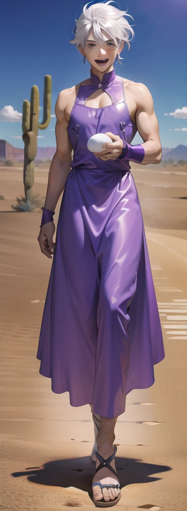 Portrait of a man in his 40s、stand、silver hair、clown、purple dress , open mouth smile , Long body、 full body、(desert:1.5)、Hand holding a large egg