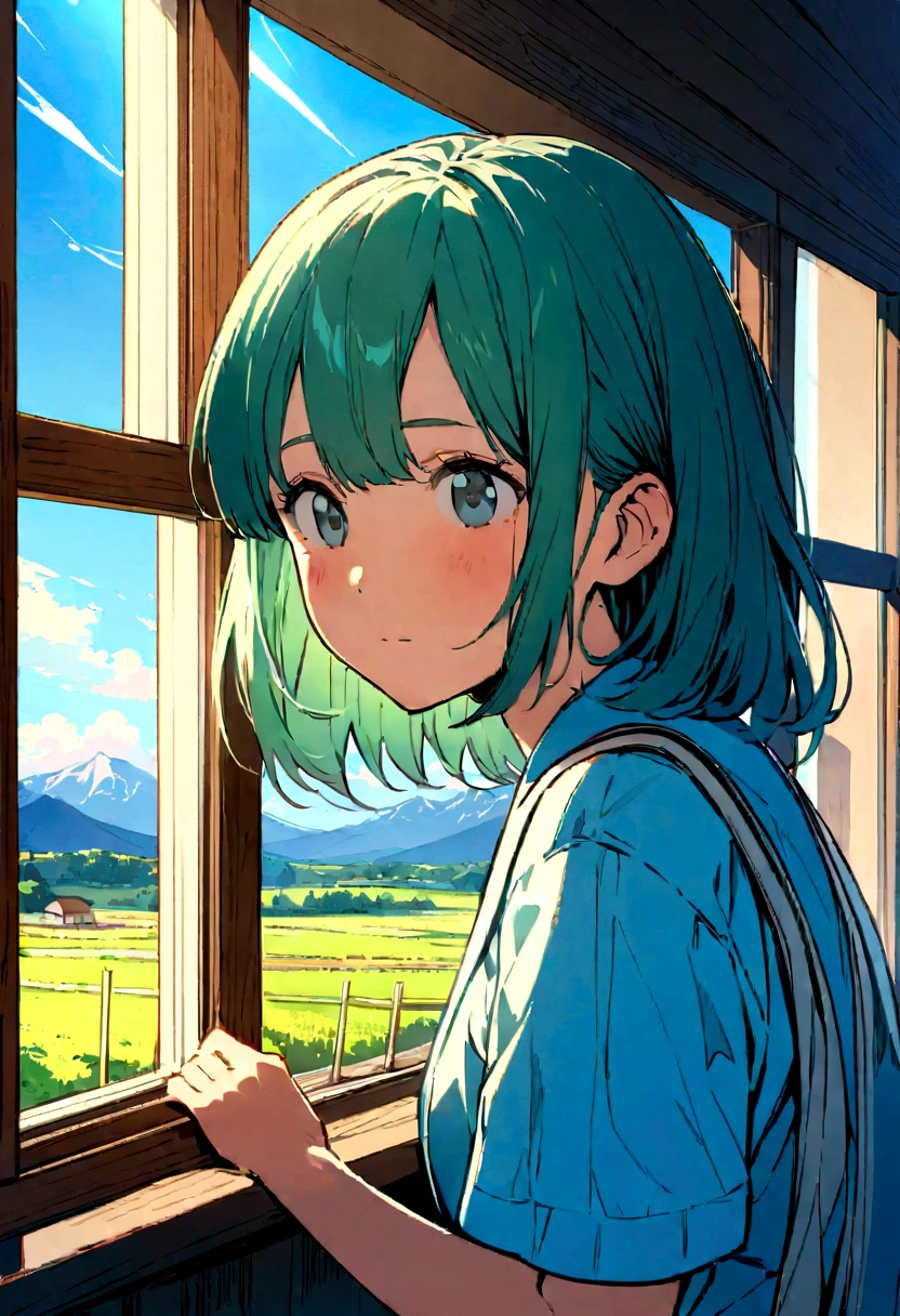 An illustration in the style of Makoto Shinkai, featuring a Japanese high school girl looking out of a classroom window in the countryside. The classroom has traditional wooden desks and chairs, and the window reveals a scenic view of lush green fields, distant mountains, and a clear blue sky. The season is summer, with bright sunlight streaming through the window. The girl's profile is visible, showing her serene expression. The scene captures a peaceful, nostalgic atmosphere with detailed lighting, vibrant colors, and a touch of realism.

