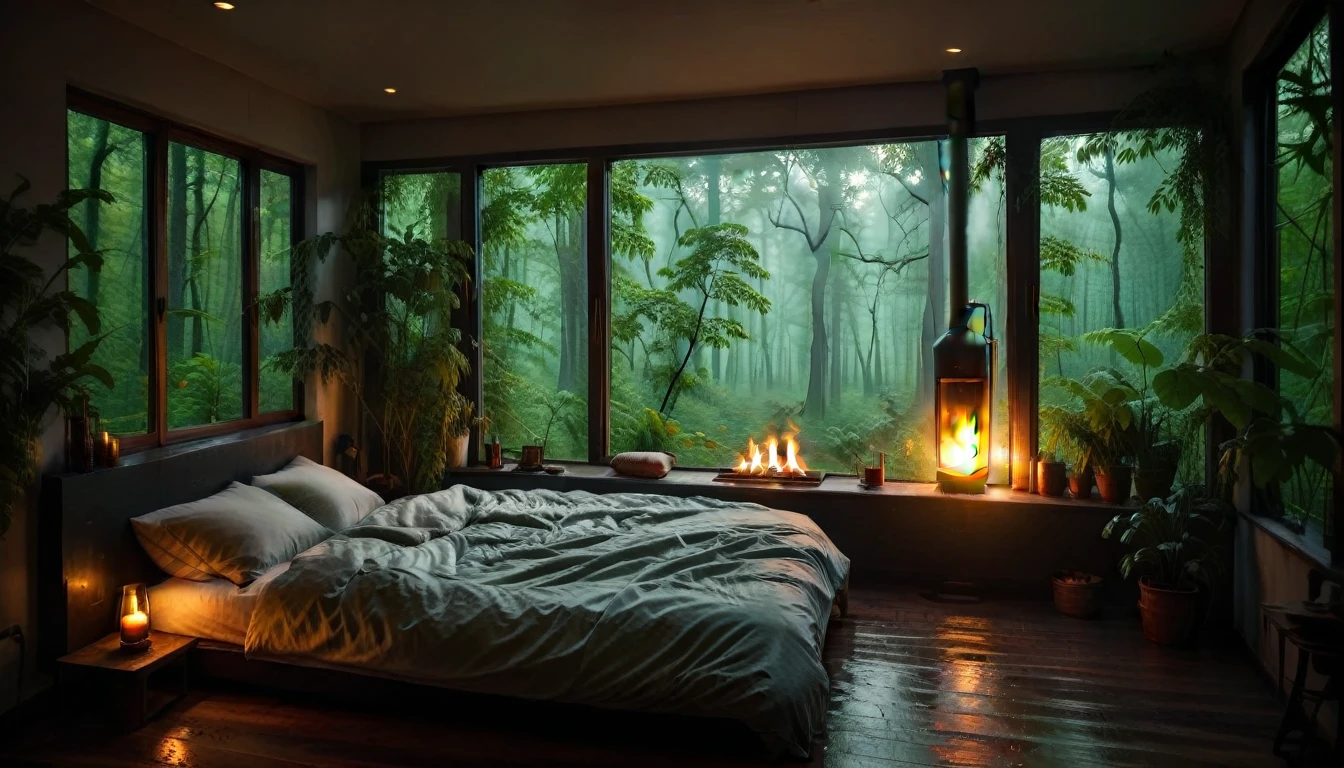 Bedroom view with fire in the fireplace in the room, large windows overlooking the forest, quiet night. original image, rainy day. original rendering, rainy night, gloomy cinematic lighting, atmosphere. digital painting, moody cartoon scenes, dramatic lighting. cinematic, cinematic,concept art, atmospheric shots, gloomy weather. hyperrealistic, atmospheric rendering, rainy night, huge forest, cinematic, 4k, ultra hd,atmospheric and gritty details, beautiful and cinematic lighting, rainforest