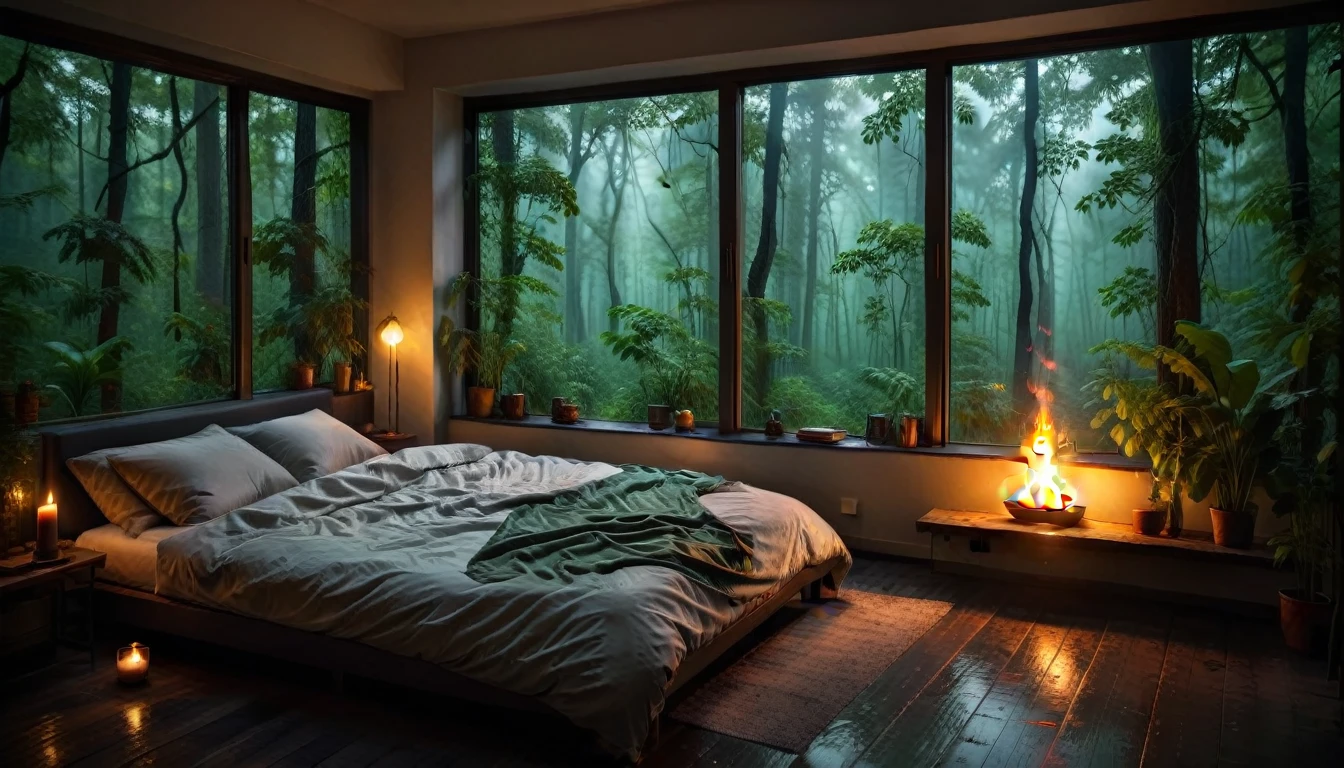 Bedroom view with fire in the fireplace in the room, large windows overlooking the forest, quiet night. original image, rainy day. original rendering, rainy night, gloomy cinematic lighting, atmosphere. digital painting, moody cartoon scenes, dramatic lighting. cinematic, cinematic,concept art, atmospheric shots, gloomy weather. hyperrealistic, atmospheric rendering, rainy night, huge forest, cinematic, 4k, ultra hd,atmospheric and gritty details, beautiful and cinematic lighting, rainforest