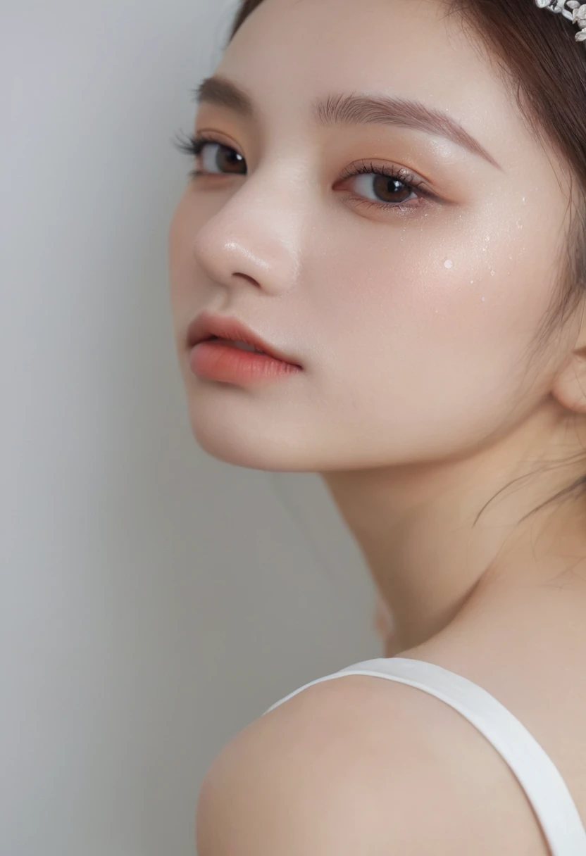 xxmixgirl, analog style, eye focus, highest quality, (highly detailed skin), photo of a exquisitely beautiful pale skin, 21yo, perfect face, alluring eyes, (seductive makeup: 1.3), skin pores, (bokeh:1.5), sharp focus, dappled lighting, (backlighting), film grain, (highly detailed, intricately detailed), 8k, HDR, front view, studio light, Ultra-detailed face, Detailed eyes, (Double eyelid: 1.4), Alice toggle, brown eye, (commercial: 1.6), (seductive makeup), ((white studio background: 2))