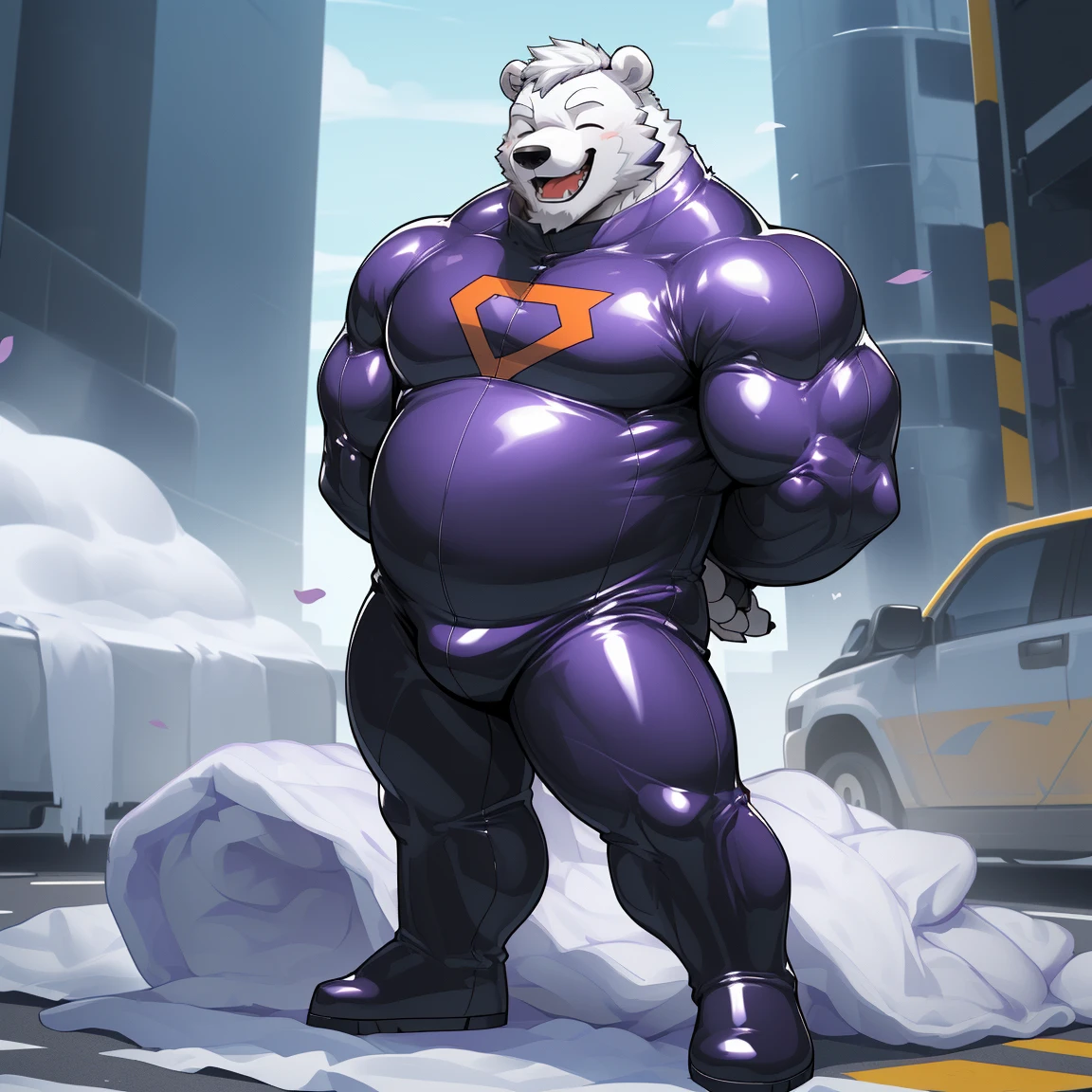 masterpiece, best quality, 8k resolution, Very detailed, hairy，(((polar bear))，(((Mature)))，(((beard))),(((Strong)))，(((White hair all over body)))，portrait，(((White hair)))，(((Roadside)))，(((Mask covers the upper half of the face)))，For the audience，(((Purple gel coat))),(((Tight rubber suit)))，Highest quality scene，Solitary，solitary，(((whole body)))，(((The left eye is closed)))，(((Hands behind your back)))，(((The right eye is open))),(((Standing with legs apart)))，(((Laughing)))，((Fat-enclosed muscle))，(((Round face)))，(((alone)))，(((Strong body)))，(((Hip bulge)))，(((huge)))，(((Super hero)))，(((Long legs)))