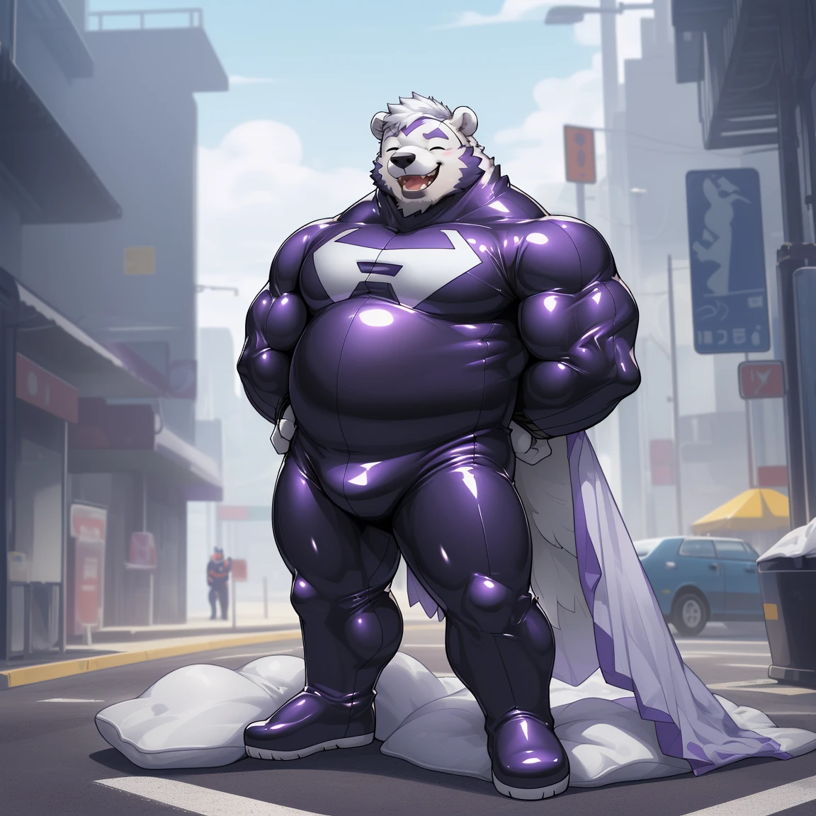 masterpiece, best quality, 8k resolution, Very detailed, hairy，(((polar bear))，(((Mature)))，(((beard))),(((Strong)))，(((White hair all over body)))，portrait，(((White hair)))，(((Roadside)))，(((Mask covers the upper half of the face)))，For the audience，(((Purple gel coat))),(((Tight rubber suit)))，Highest quality scene，Solitary，solitary，(((whole body)))，(((The left eye is closed)))，(((Hands behind your back)))，(((The right eye is open))),(((Standing with legs apart)))，(((Laughing)))，((Fat-enclosed muscle))，(((Round face)))，(((alone)))，(((Strong body)))，(((Hip bulge)))，(((huge)))，(((Super hero)))，(((Long legs)))