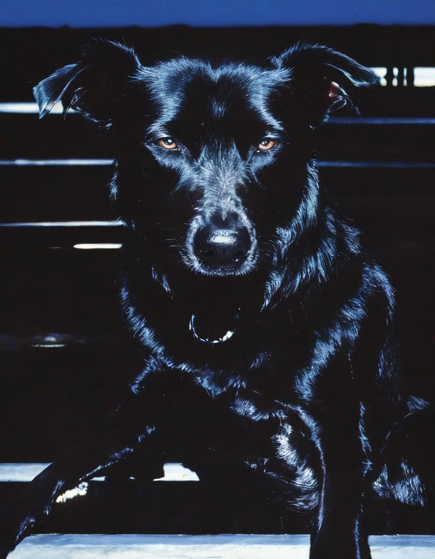  black dog on subway at night, blue background