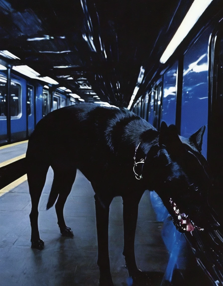 black dog on subway at night, blue background