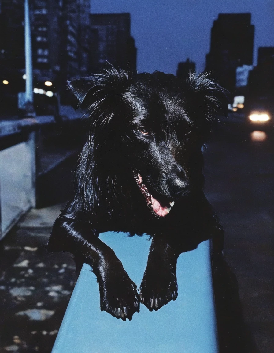  black dog on subway at night, blue background