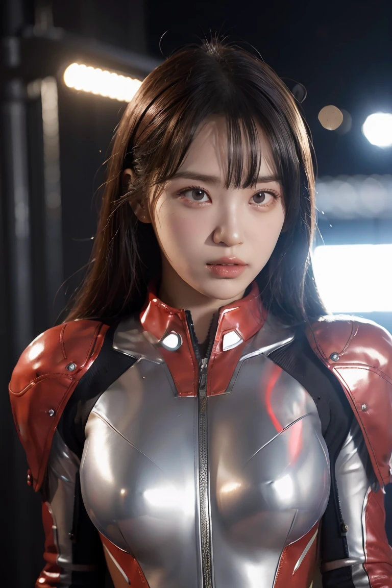 Ultraman、realistic、realistic、cinematic lighting, Girl in a shiny red and silver suit、15 years old、professional photos、Don&#39;Do not expose your skin, japanese model, japanese cgi、Ultraman Suit、, Power Rangers Suit、tight and thin cyber suit,Whole body rubbery、There&#39;s pink There、 delicate body, big breasts、small ass、thin thighs、thin arms、thin waist、camel toe、Both sides of the cyber suit stick to the skin、Big eyes、black short hair、facing the front、facing the front立っている、A glowing sphere is embedded in the chest.、Essay Examination、 blue sky background