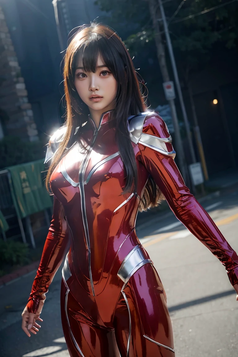 Ultraman、realistic、realistic、cinematic lighting, Girl in a shiny red and silver suit、15 years old、professional photos、Don&#39;Do not expose your skin, japanese model, japanese cgi、Ultraman Suit、, Power Rangers Suit、tight and thin cyber suit,Whole body rubbery、There&#39;s pink There、 delicate body, big breasts、small ass、thin thighs、thin arms、thin waist、camel toe、Both sides of the cyber suit stick to the skin、Big eyes、black short hair、facing the front、facing the front立っている、A glowing sphere is embedded in the chest.、Essay Examination、 blue sky background