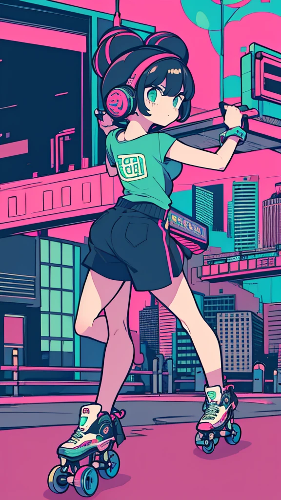 Best quality, (masterpiece:1.2), best detail face,1 girl is walking, big breasts, 18 yo, 8k,absurdres,unity 8k wall paper,(extremely detailed:1.3), highest realistic, (retro headphones:1.1),(psychedelic:1.2),Retro cityscape, 1girl in, retro artstyle, neon art style_Pop, public, outside of house, street signs, sports wear, 18 yo,Lots of signs with kanji written on them, ((retro city　mood)), dark natural pallet, (((Playing on roller skates)))