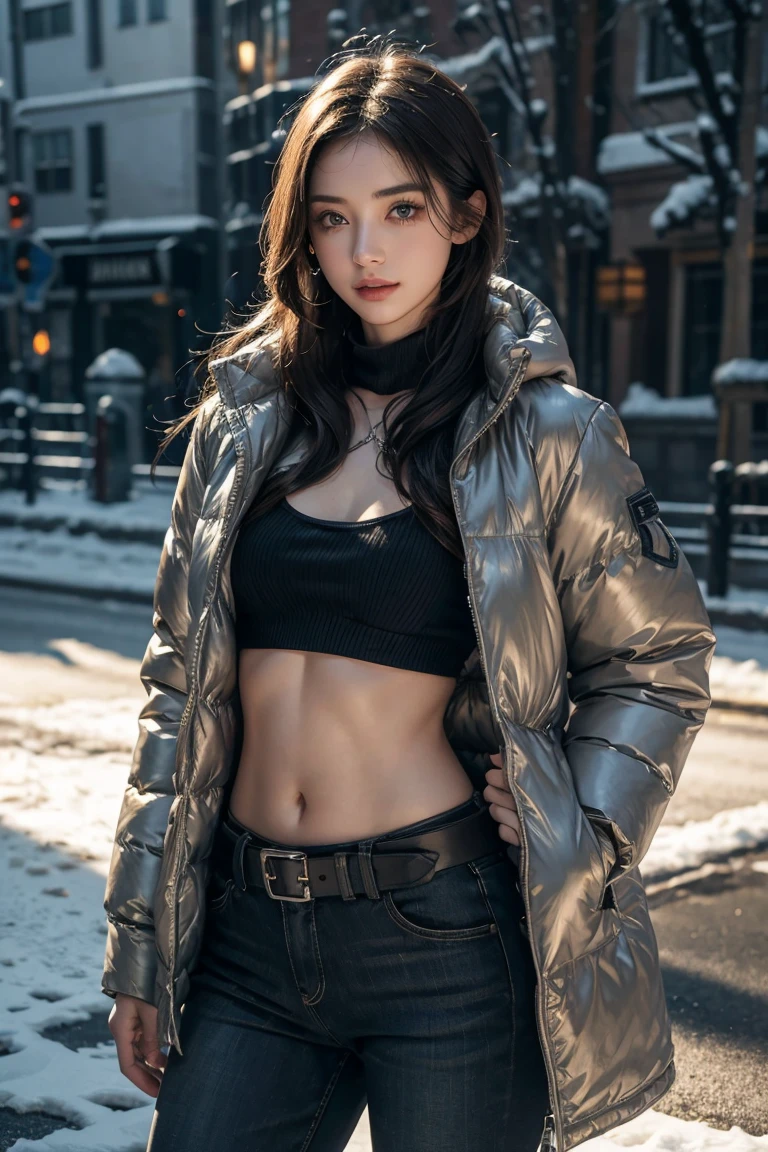 girl in winter scene, Short belly down jacket,Zippered, Exposed lower abdomen,Sexy abs,Low-rise pants, Metal belt,cowboy shot, The abdomen is completely exposed, Detailed facial features, beautiful eyes, Lips, and long eyelashes, Reality, 8K, Very detailed, Studio Lighting, Dramatic Lighting, Vibrant colors, work, Cold winter atmosphere