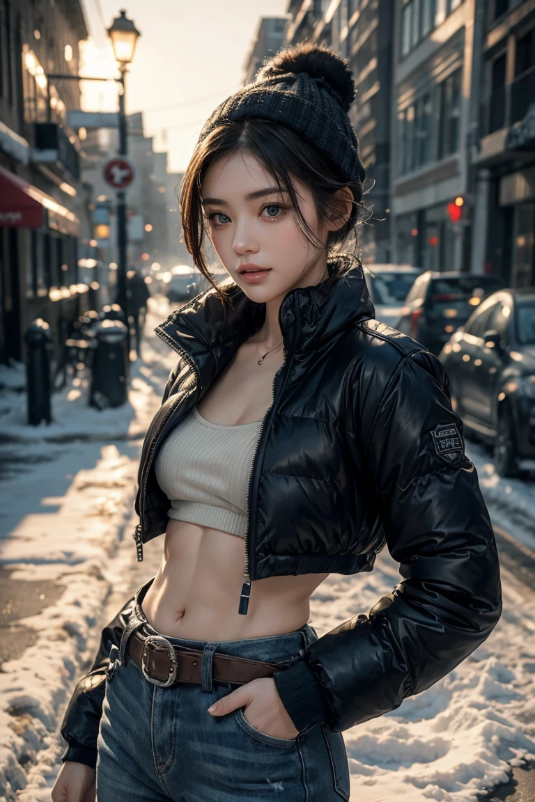 girl in winter scene, Short belly down jacket,Zippered， Exposed lower abdomen，Sexy abs，Low-rise pants, Metal belt,cowboy shot, The abdomen is completely exposed, Detailed facial features, beautiful eyes, Lips, and long eyelashes, Reality, 8K， Very detailed, Studio Lighting, Dramatic Lighting, Vibrant colors, work, Cold winter atmosphere