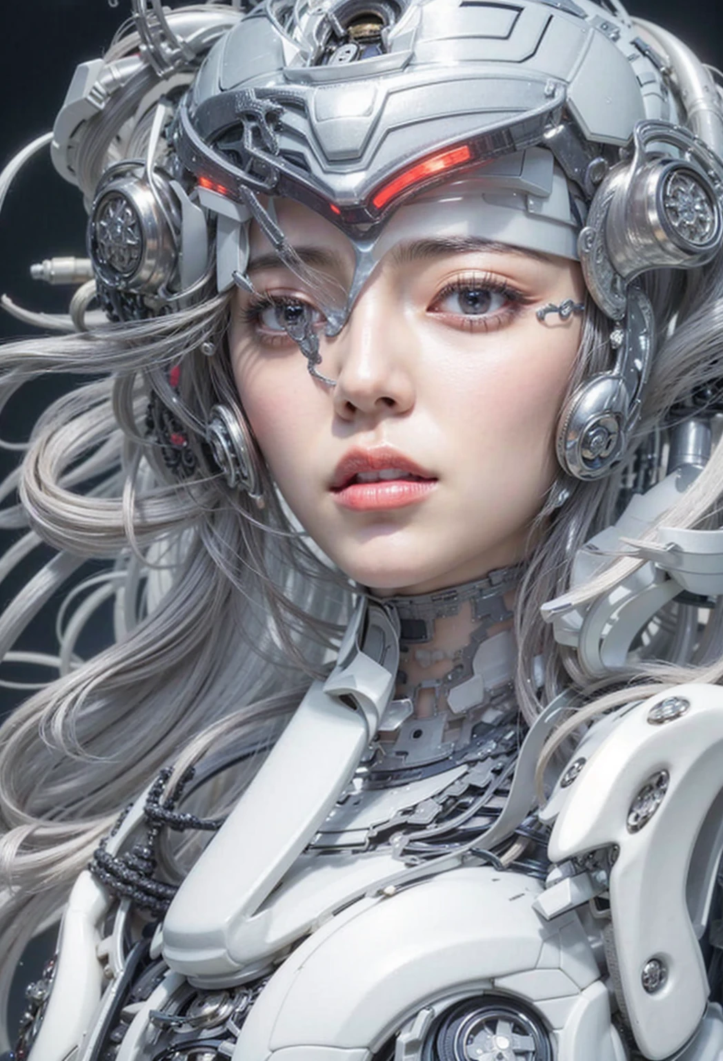 Dystopian night scene, very intricate details, Japanese woman wearing model-like armor, beautiful face, legs, cylinders that look like muscles, pose in motion, 8k, ultra high resolution, super realism, realistic photo, taken with Fuji film X-T30.+Nokton. HDR10