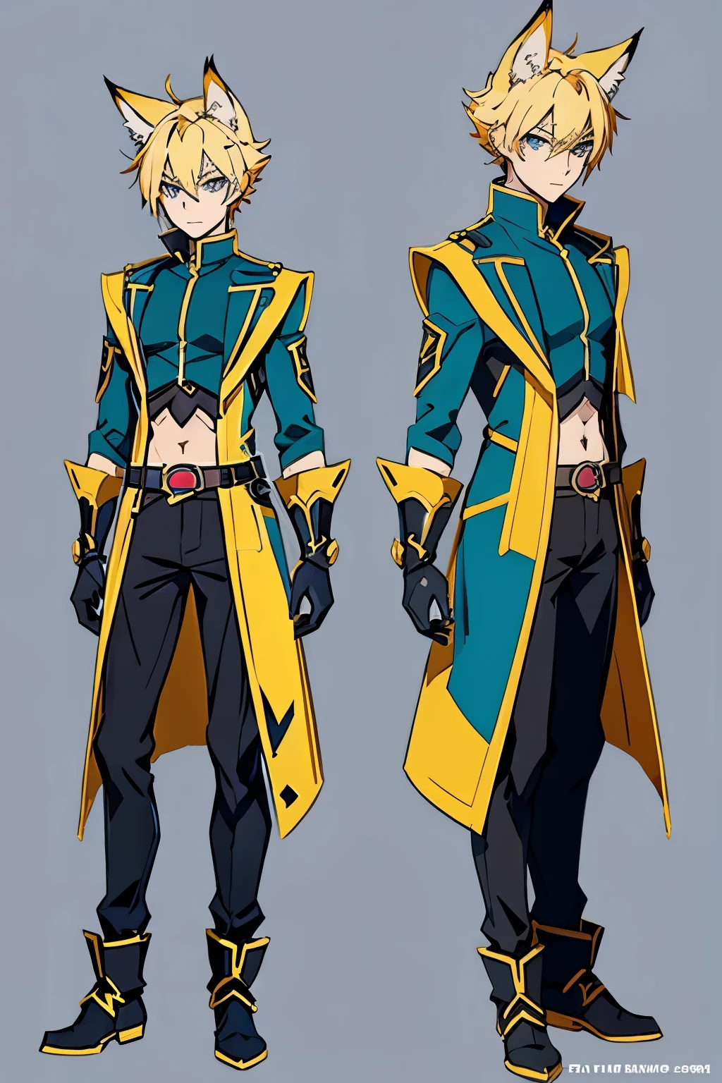 A male stylized character with fox-like features, including large pointed ears and a bushy tail tipped in yellow and using a gauntlet. The character has short blonde hair, blue eyes, and is dressed in a teal cropped jacket, black trousers. ( ( character concept art ) ), anime character design, character adoptable, full body concept, official character art, anime style character, full body character design, anime character art