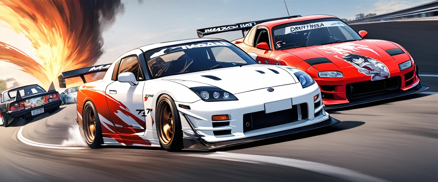 Two sports cars、race、Dead Heat、((The hood has a Japanese anime girl printed on it.))、((Car wrapping))、nissan-GTR vs mazda-RX7、drift、battle、Winding Road、Speed, from below