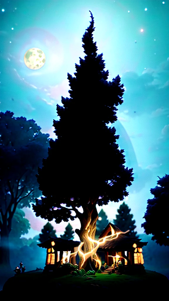imagine prompt: An enchanting digital illustration of the ancient Peepal tree in Sukunpur village, intricately detailed roots spreading out, surrounded by simple and friendly villagers in traditional attire, with the magical spirit emerging on a full moon night, Illustration, vibrant colors with a touch of mystique, expressions of wonder on the faces of the villagers, soft moonlit lighting, mystical atmosphere --v 5 --stylize 1000 --ar 16:9