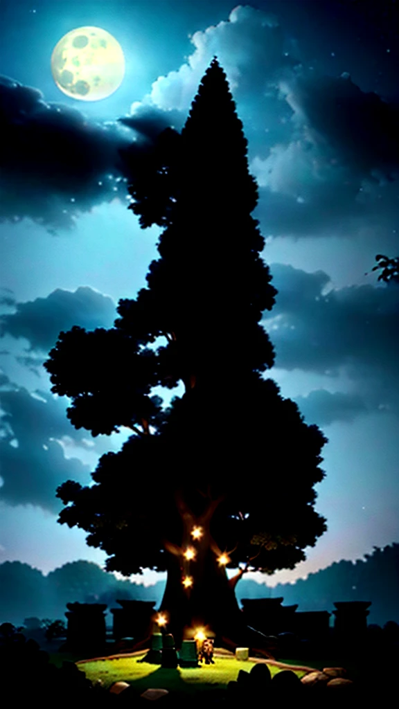 imagine prompt: An enchanting digital illustration of the ancient Peepal tree in Sukunpur village, intricately detailed roots spreading out, surrounded by simple and friendly villagers in traditional attire, with the magical spirit emerging on a full moon night, Illustration, vibrant colors with a touch of mystique, expressions of wonder on the faces of the villagers, soft moonlit lighting, mystical atmosphere --v 5 --stylize 1000 --ar 16:9