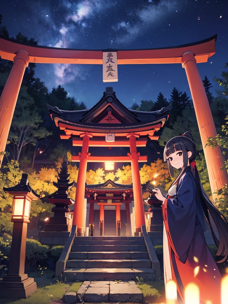 masutepiece, ultra-detailliert, best quality, at night, little smile, a lot of fireflies, Shrine maiden, shrine, Deep forest, Stone torii gate, Black Hair, long hair, (Blunt Bangs:1.6), Hair tied in a ponytail, black eyes, Juozhen, White Fox,