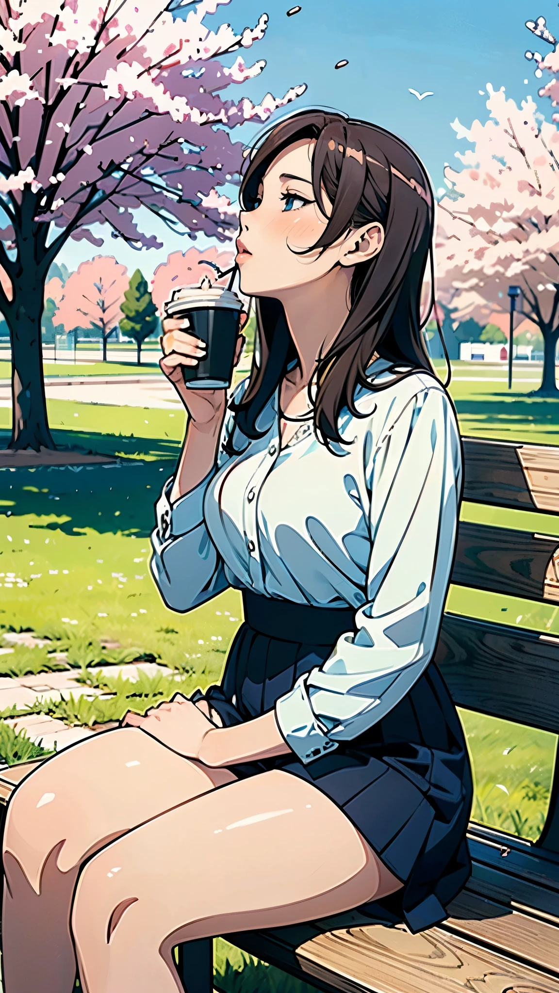 masterpiece,Highest quality,Anime Style,Beautiful illustrations,8K,(Woman sitting on a park bench looking up at the sky),(Have a coffee),(Cozy and comfortable seating),(Spring sunshine),(Clear skies),(noon),(Ultra-detailed anime-style scenery wallpaper),A woman is drinking coffee alone,(hands)