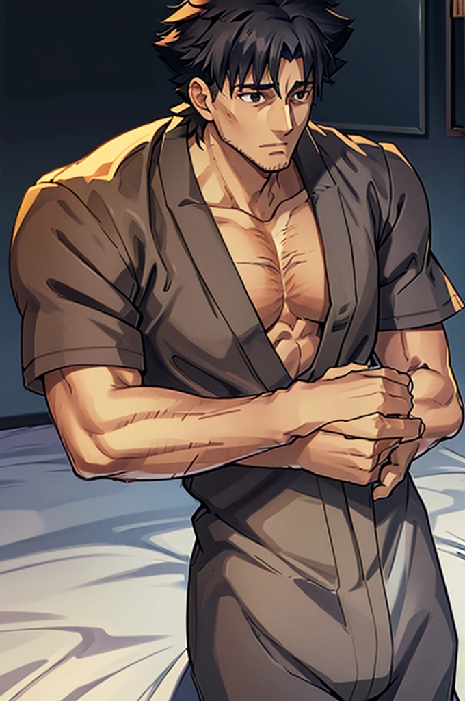 You are facing Kiritsugu Emiya in bed. His body is very muscular; his chest is sweaty, hairy, and massive. He has a embarrassing growl on his face, while cuddling.