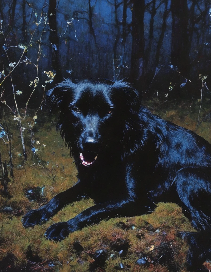  black dog in forest at night, blue background