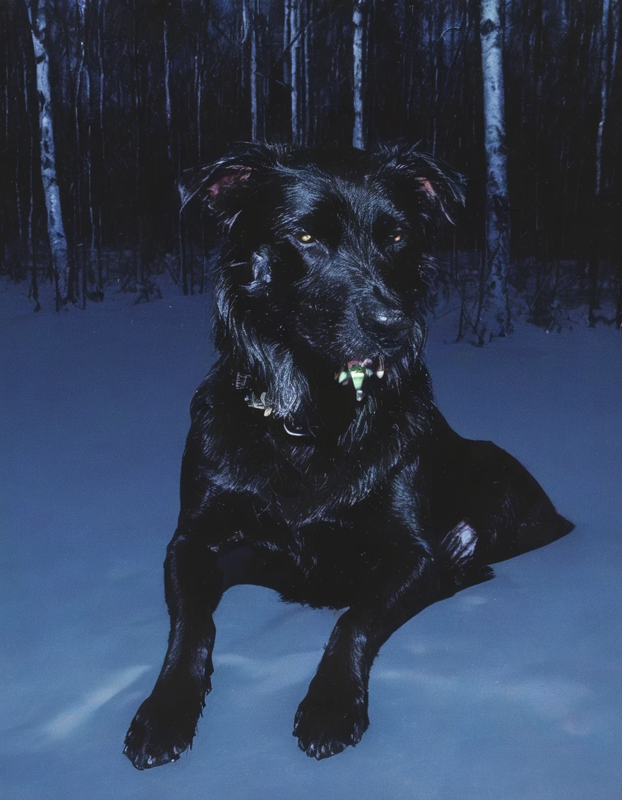 black dog in forest at night, blue background