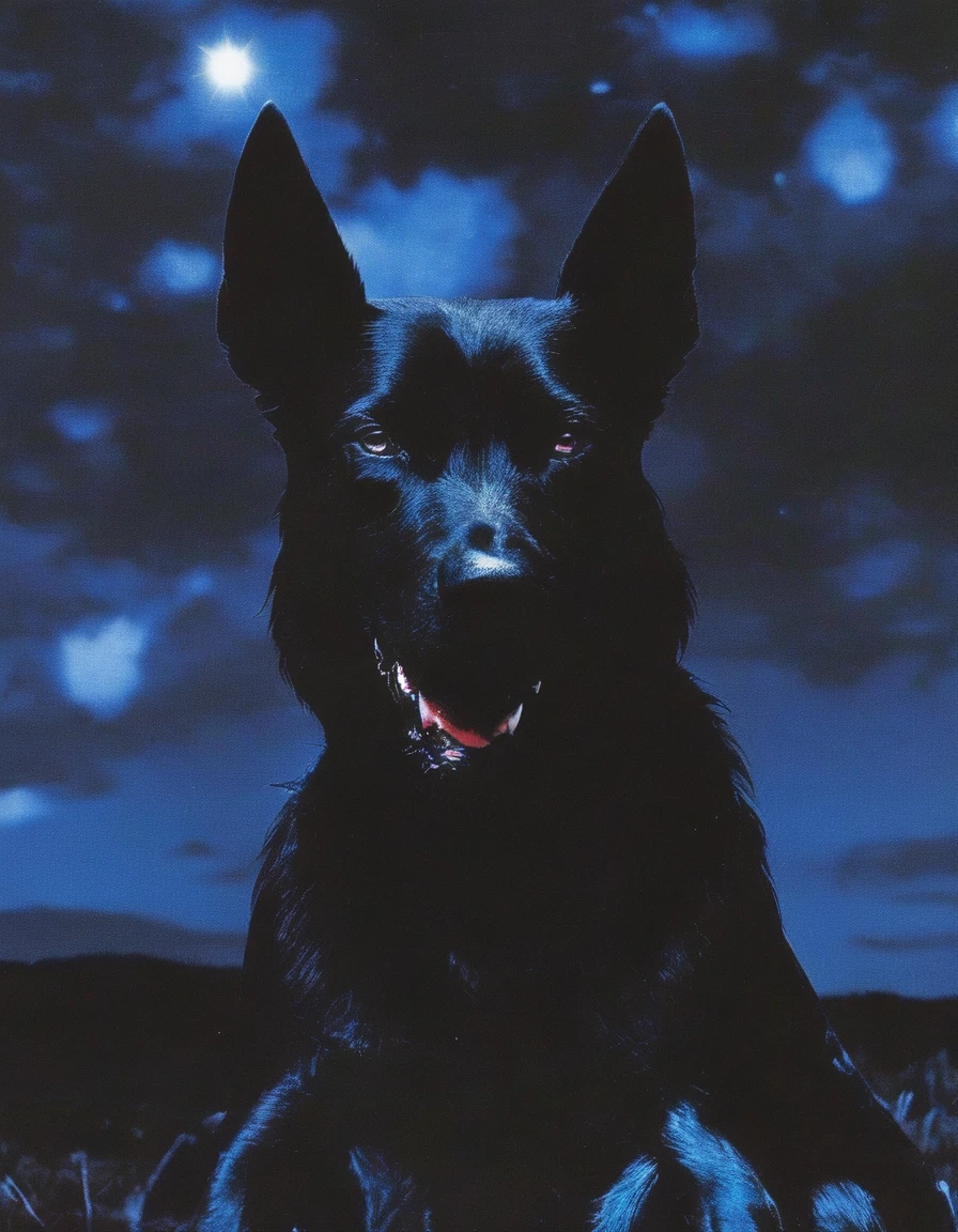 black dog in forest at night, blue background