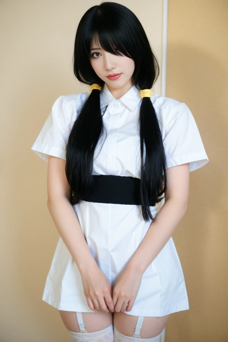 best quality, tmasterpiece,Ultra-high resolution,Clear face,(Reality:1.4),ferpect lighting,(upper body shot), (photorealistic:1.50), anime wallpaper, Guviz style artwork, cover-up fantasy up to magic , by Yang J, Guviz, beautiful artwork illustration, beautiful digital artwork, beautiful digital illustration, Li Song, beautiful anime portrait, art style in Beauvot,tokisaki kurumi, black hair, (low twintails), (hair above one eye:1.7), (red eyes:1.2), (small breasts:1.2), BREAK blush, smile, thighs, bow, ribbon, frills, apron , white upper thigh, wrist cuffs, maid, maid headdress, garter strap, BREAK looking at the audience, BREAK indoors