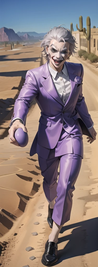 Portrait of a man in his 40s、standing、silver hair、the joker、purple dress ,  open mouth , Long body、 full body、(desert:1.5)、Hand holding a large egg, Running away towards the camera