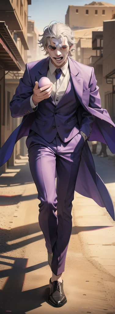 Portrait of a man in his 40s、standing、silver hair、the joker、purple dress , open mouth , Long body、 full body、(desert:1.5)、Hand holding a large egg, Running away towards the camera