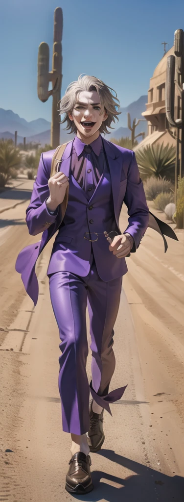 Portrait of a man in his 40s、standing、silver hair、the joker、purple dress , open mouth , Long body、 full body、(desert:1.5)、Hand holding a large egg, Running away towards the camera