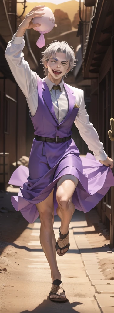 Portrait of a man in his 40s、standing、silver hair、the joker、purple dress , open mouth , Long body、 full body、(desert:1.5)、Hand holding a large egg, Running away towards the camera