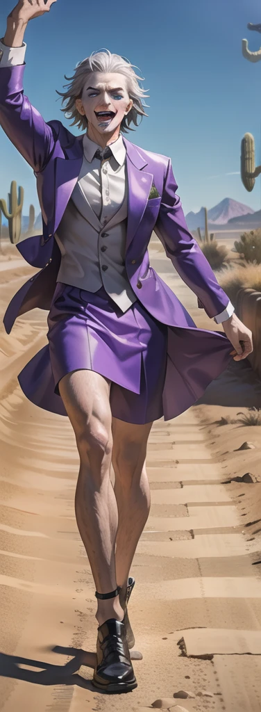 Portrait of a man in his 40s、standing、silver hair、the joker、purple dress , open mouth , Long body、 full body、(desert:1.5)、Hand holding a large egg, Running away towards the camera