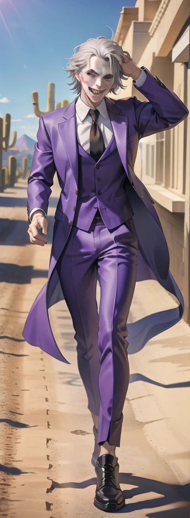 Portrait of a man in his 40s、standing、silver hair、the joker、purple dress ,  open mouth , Long body、 full body、(desert:1.5)、Hand holding a large egg, Running away towards the camera