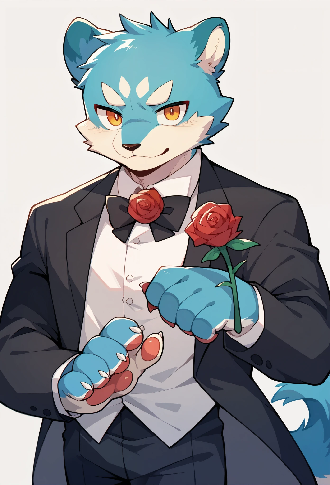 Watercolor elements, 1boy, kemono, furry, detailed body fur, animal face, animal hand, Handsome boy in tuxedo holding a red rose and looking at viewer,