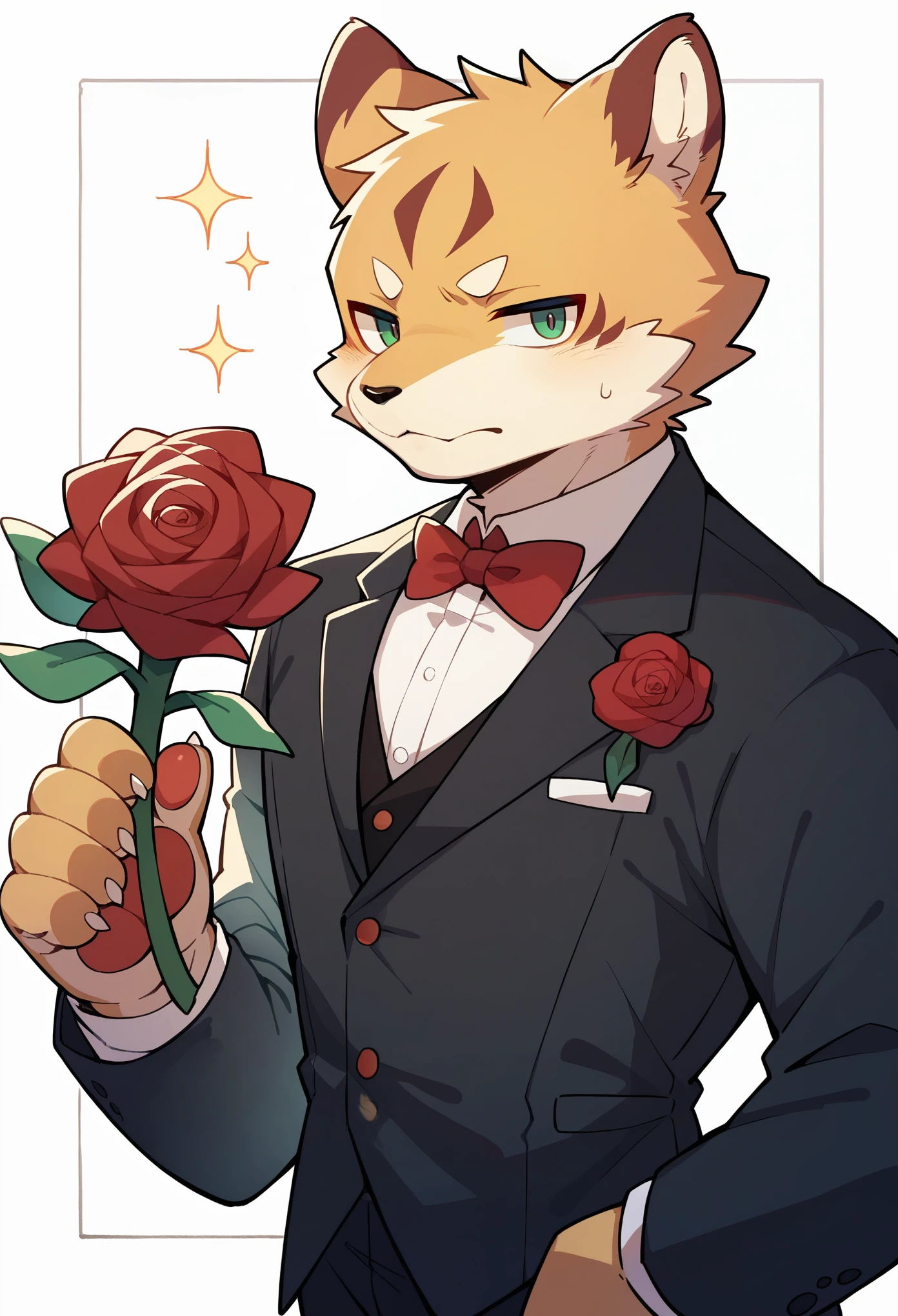 Watercolor elements, 1boy, kemono, furry, detailed body fur, animal face, animal hand, Handsome boy in tuxedo holding a red rose and looking at viewer,
