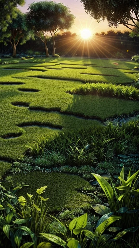 Imagine a very beautiful morning, realistic nature,fully detailed environment ,dew on plants and grass ,a dim sunlight,