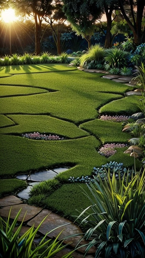 Imagine a very beautiful morning, realistic nature,fully detailed environment ,dew on plants and grass ,a dim sunlight,
