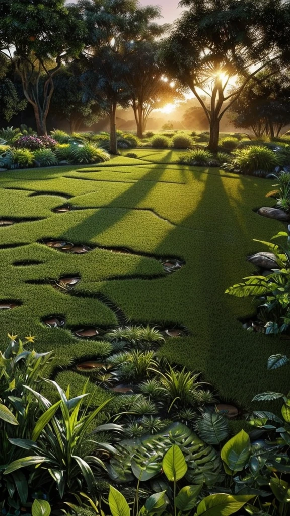 Imagine a very beautiful morning, realistic nature,fully detailed environment ,dew on plants and grass ,a dim sunlight,