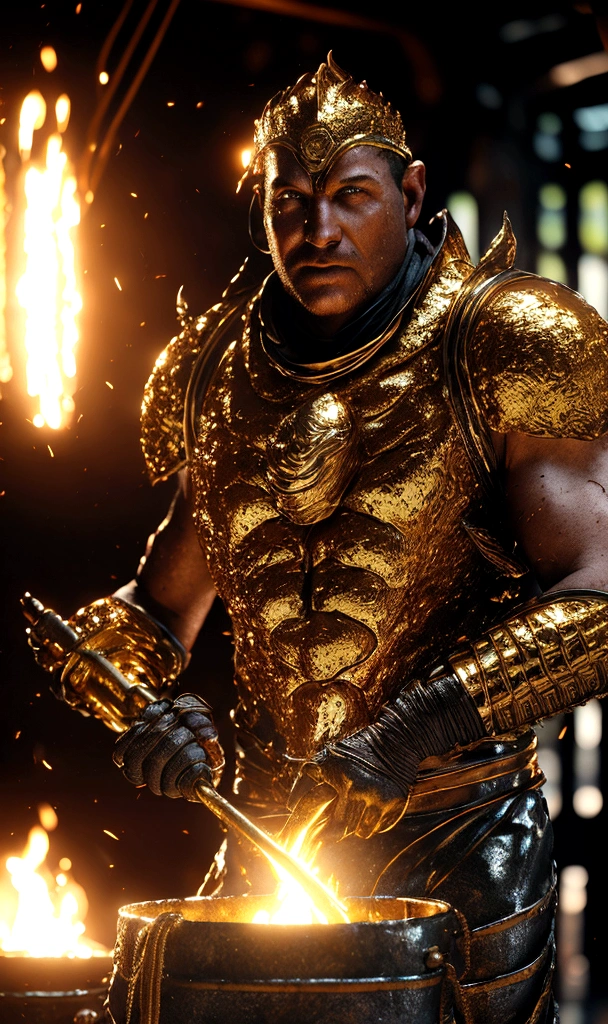 detailed golden forge, glowing molten metal, intense flames, muscular blacksmith, sweat glistening, dynamic movement, intricate details, rich color palette, dramatic lighting, cinematic composition, award winning digital art, concept art, octane render, unreal engine, 8k, photorealistic