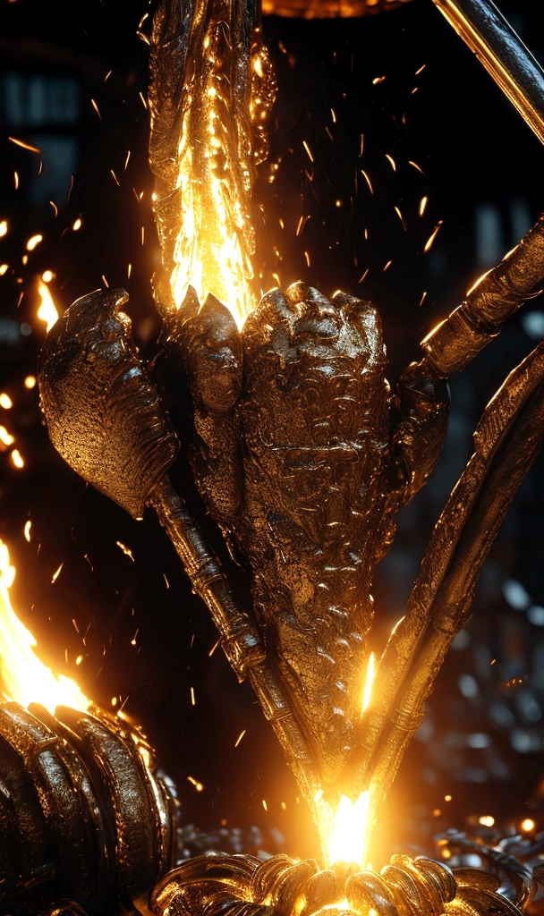 detailed golden forge, glowing molten metal, intense flames, muscular blacksmith, sweat glistening, dynamic movement, intricate details, rich color palette, dramatic lighting, cinematic composition, award winning digital art, concept art, octane render, unreal engine, 8k, photorealistic