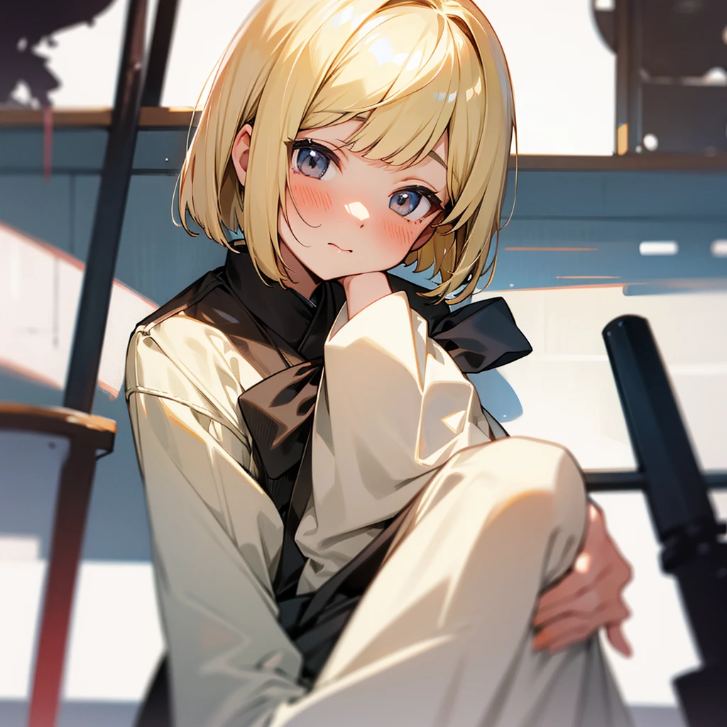 Japanese Girls、blonde、Black hairline、Bobcut、wearing uniform,Blushing、School、alone