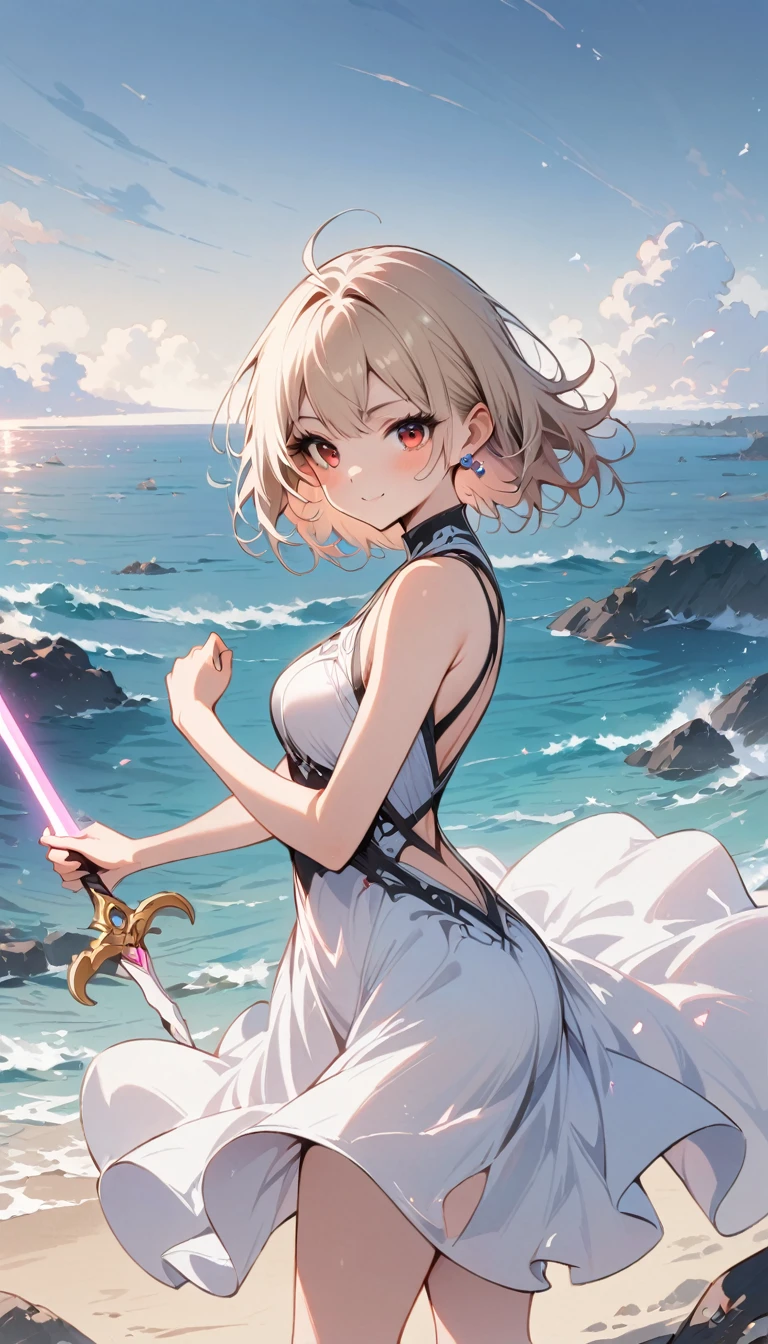 (masterpiece), ((Highest quality)), (Very detailed), ((very delicine and beautiful)), (Unbelievably absurd))), (Perfect body))), 1 Girl, Glowing White Particles, Finding, Holding_sword, Blonde Bob, Red eyes, 17 years old, Outdoor, null, Aura full body, big, white tintered dress, Bare shoulders, A small smile, Ocean + background, Wind, Perfect hands, Hand Detail, Modified fingers. Earrings, Looking_in_Audience, Cowboy Shot, Rich details, Perfect image quality