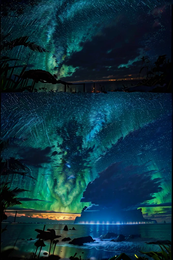 Create a 4K image of the heroes watching a meteor shower from a secluded beach. The beach is illuminated by the soft glow of the moon and the sparkling stars above. The Lorasia prince in blue armor, the Samaltoria prince in green armor, and the Moonbrooke princess in a purple robe sit on the sandy shore, their faces lit with awe as meteors streak across the night sky, leaving trails of light. The ocean waves gently lap at the shore, adding to the serene and magical atmosphere of this celestial display.