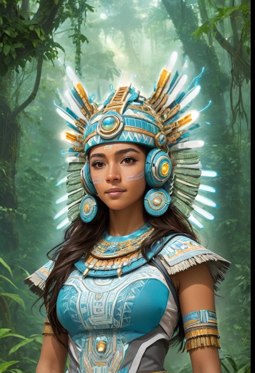 A youthful Latina woman, standing in the forest, with Mayan temples behind her. She is dressed in ancestral fashion with a futuristic modern style. Her headdress is like an ancient Aztec sculpture but with advanced tech, headphones headdress, aztec-mayan headdress, and LED lights. The year is 2222. She is set in a retro-futuristic world, surrounded by mystical sparkles that resemble blue-white blinking fireflies. The fusion of mystery and ancestry with advanced technology creates a unique atmosphere. Myan temples on in the distance. She is wearing a backpack and is shown from the waist up, heading to out on a quest to learn about ancient wisdom and new technology."
