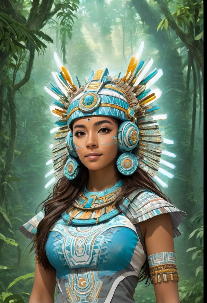 A youthful Latina woman, standing in the forest, with Mayan temples behind her. She is dressed in ancestral fashion with a futuristic modern style. Her headdress is like an ancient Aztec sculpture but with advanced tech, headphones headdress, aztec-mayan headdress, and LED lights. The year is 2222. She is set in a retro-futuristic world, surrounded by mystical sparkles that resemble blue-white blinking fireflies. The fusion of mystery and ancestry with advanced technology creates a unique atmosphere. Myan temples on in the distance. She is wearing a backpack and is shown from the waist up, heading to out on a quest to learn about ancient wisdom and new technology."
