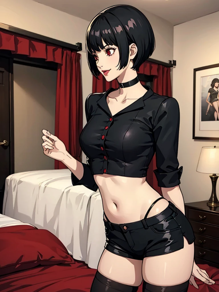 1Girl, teniendo sexo delicioso, emo_hairstyle, black lipstick, short hair, tights, open clothes, cleavage, bra, bedroom. (TENIENDO SEXO DELICIOSO) 