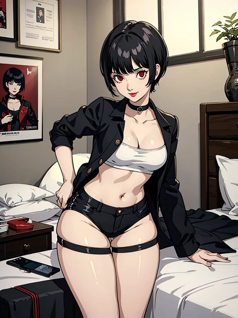 Nero   ,1girl , anime , Black hair ,horns  ,red eyes , jaqueta aberta open clothes ,disappointed face , solo ,  jacket, open clothes, bra , flat chest ,pantie  ,lingerie sexy ,lace stockings , looking at viewer , bedroom .