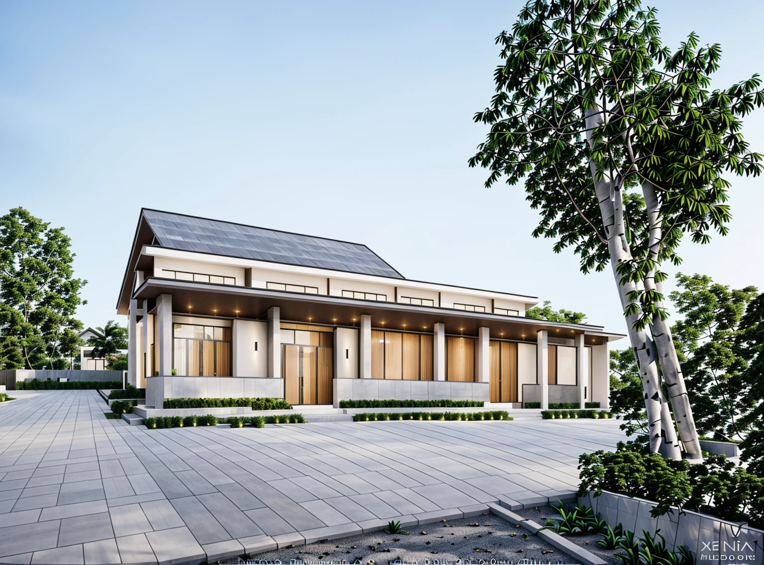 Modern architecture, xinfa aluminum glass doors, (stone wall, white paint), trần ốp gỗ, best quality, super detailed, true, expression, Gray Japanese tile roof, Yellow light temperature 4000k, The courtyard is covered with ceramic tiles, green exterior, evening sky